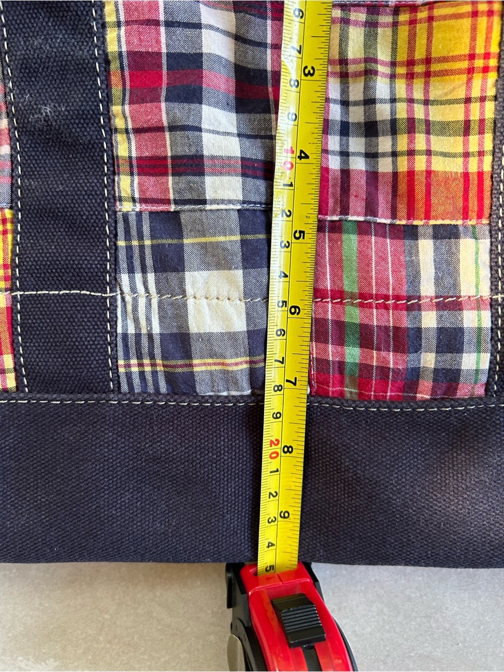 J.Crew 2007 Patchwork Madras Plaid Tote Bag Leather Logo Preppy Coastal - Picture 5 of 7